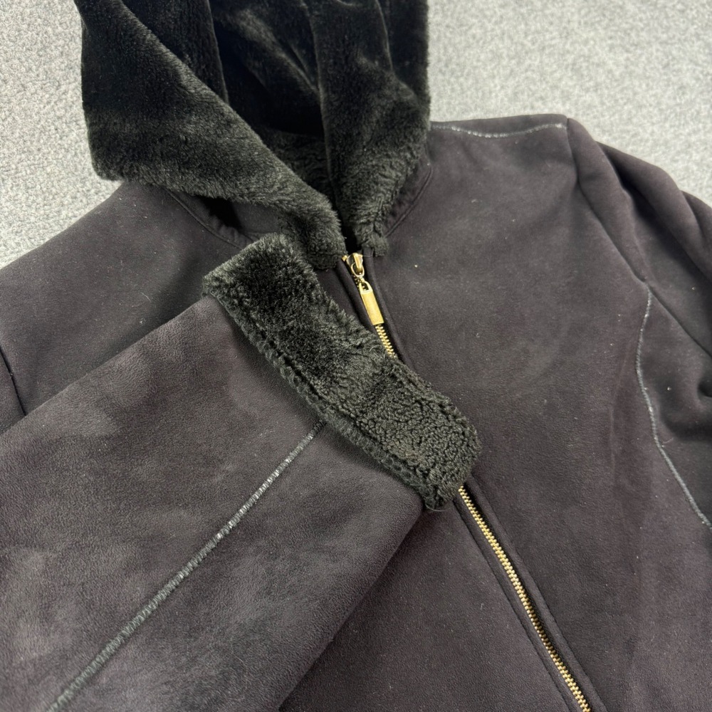 Marvin Richards Faux Suede Jacket Large Black Faux Fur Trim Hooded Womens